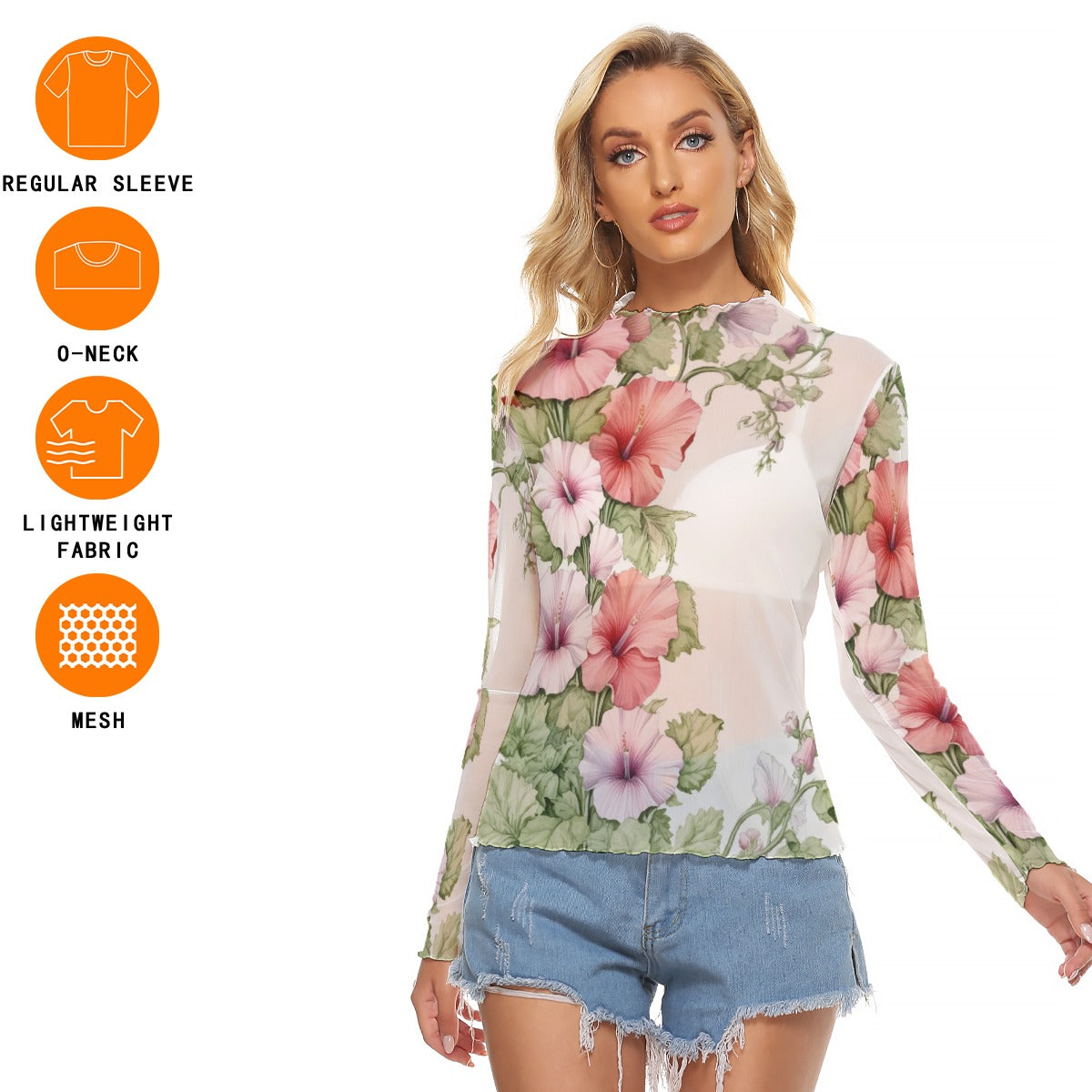 Women's Floral Mesh Long Sleeve T-Shirt - Lightweight Sheer Botanical Print Top