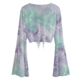 Pastel Galaxy Mesh Tie Front Top – Sheer Bell Sleeve Blouse