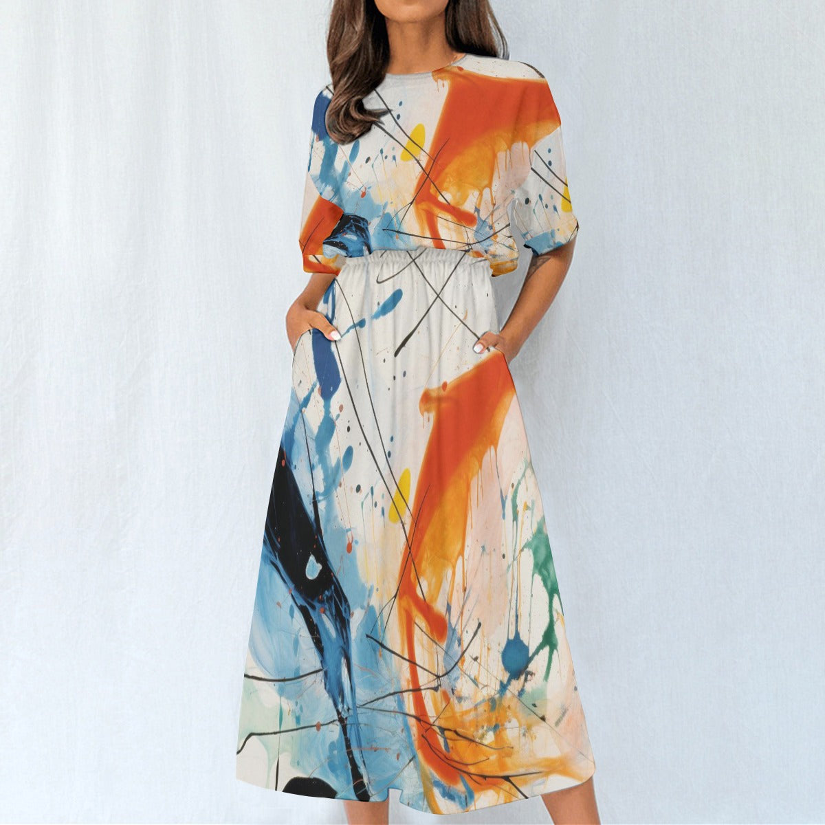 Paint Splash Abstract Midi Dress – Women’s Elastic Waist Casual Wear