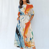Paint Splash Abstract Midi Dress – Women’s Elastic Waist Casual Wear