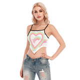 Women's Rainbow Heart Print Pastel Cami Tube Top – Sexy Wrap-Up Crop Tank with Spaghetti Straps & Black Edging