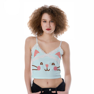 Kawaii Heaven Women's Lace Camisole with Cute Cat Print, Pastel Kitty Crop Top for Summer