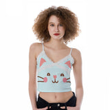 Kawaii Heaven Women's Lace Camisole with Cute Cat Print, Pastel Kitty Crop Top for Summer