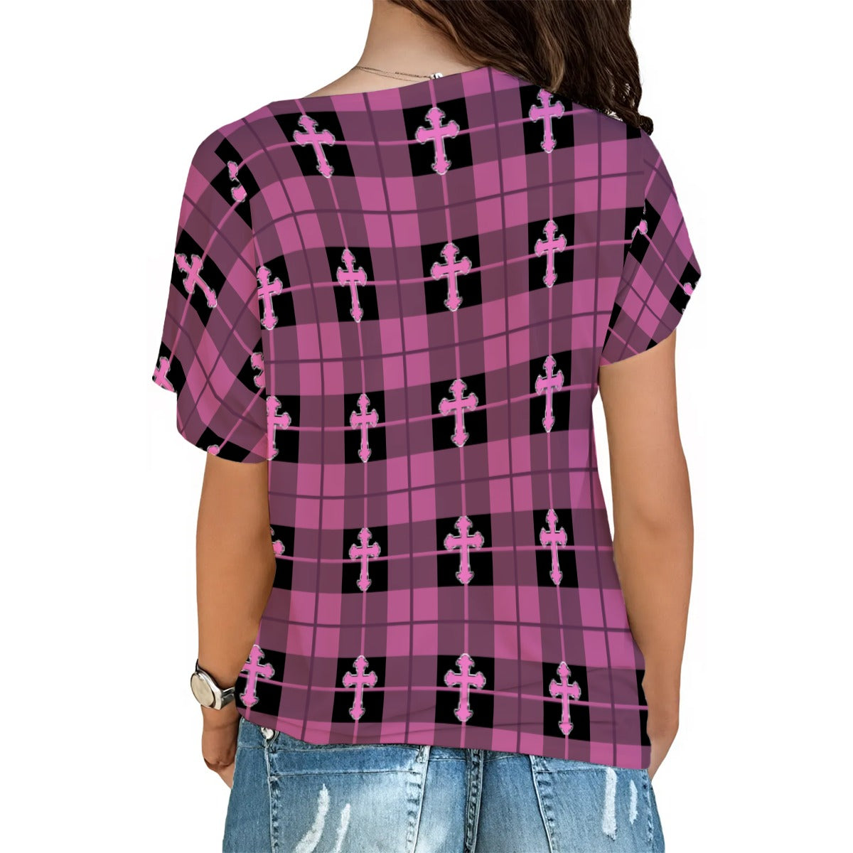 Purple Plaid Cross Cold-Shoulder Top