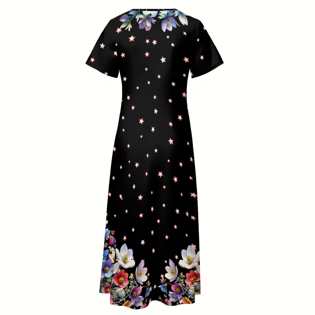 Floral Star Maxi Dress – Black V-Neck Summer Dress with Side Slits