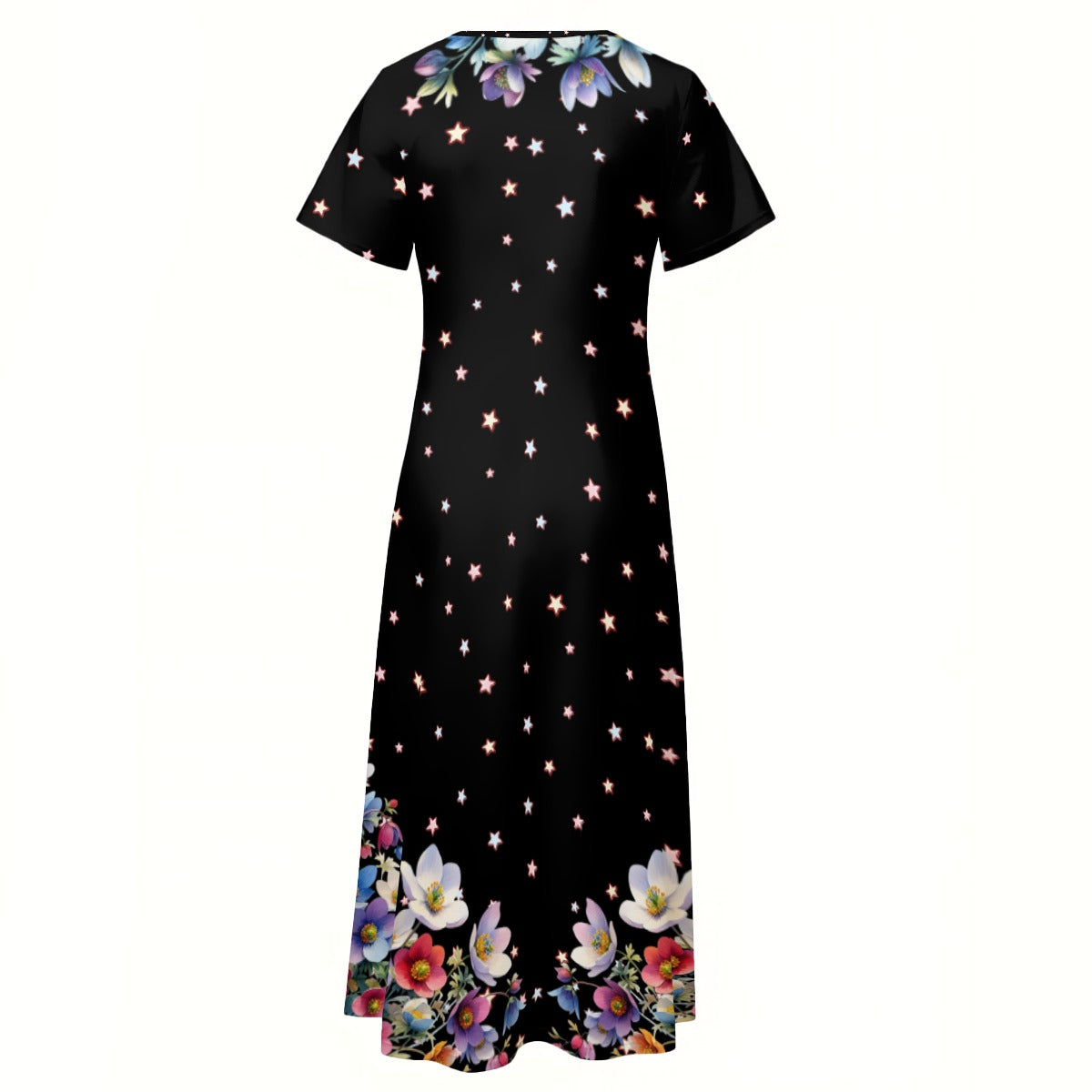 Floral Star Maxi Dress – Black V-Neck Summer Dress with Side Slits