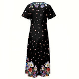 Floral Star Maxi Dress – Black V-Neck Summer Dress with Side Slits