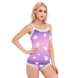 Moon Cat Lace Pajama Set – Kawaii Purple Cami and Shorts Sleepwear