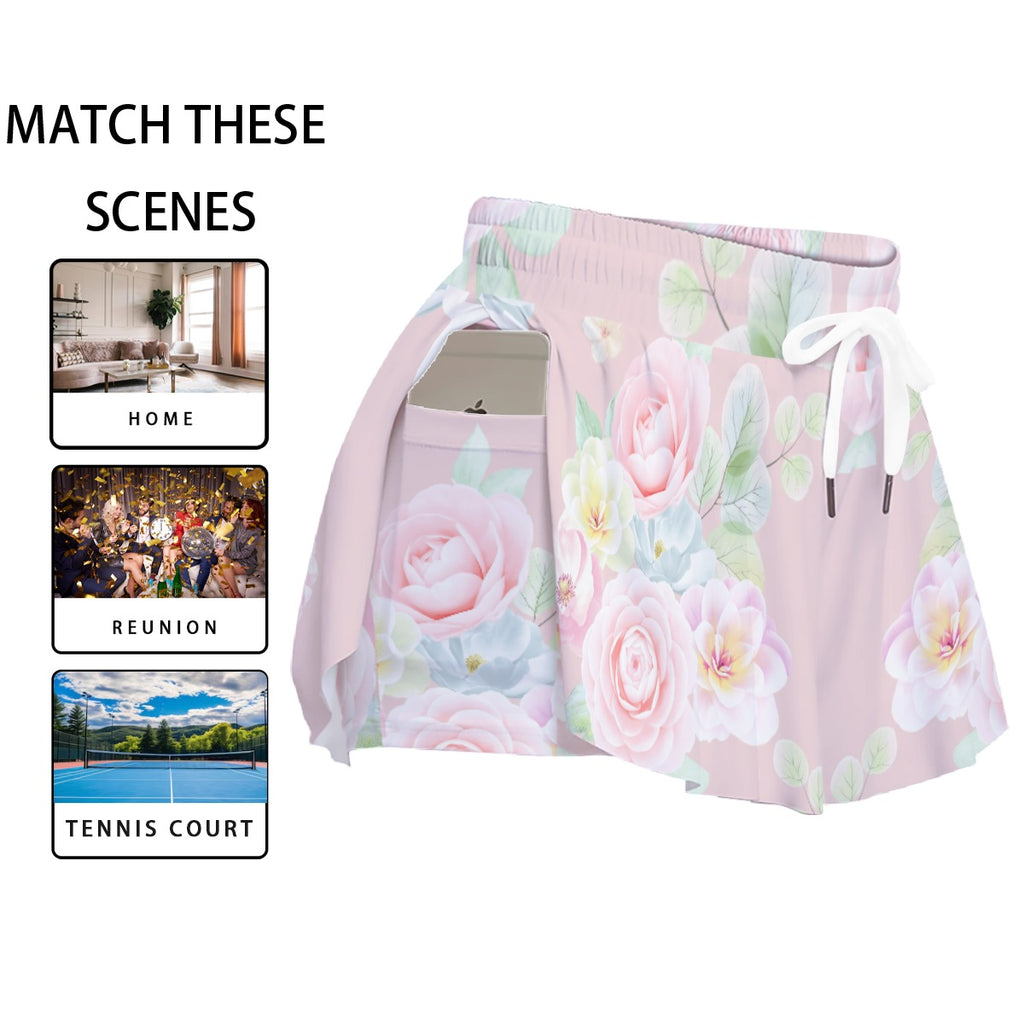 Pink Floral Sports Skort – Women’s Rose Print Active Skirt with Shorts