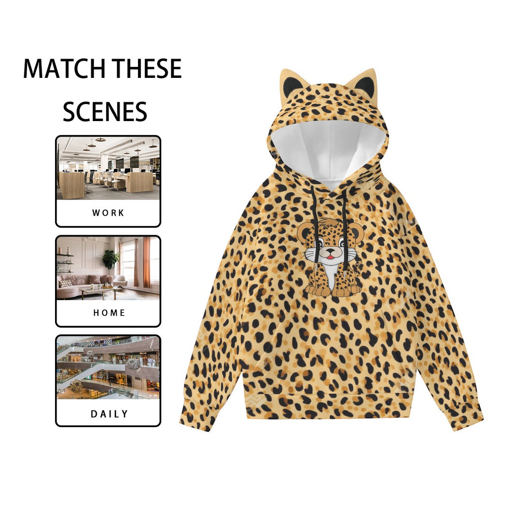 Leopard Print Kawaii Cat Ear Hoodie for Women, Cute Cartoon Cub Pullover with Decorative Ears