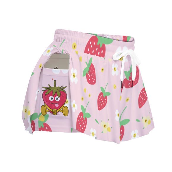 Kawaii Heaven Women's Strawberry Print Skort with Pocket Athletic Skirt Built-in Shorts Phone Holder
