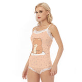 Kawaii Heaven Women's Bear Print Lace Trim Pajama Set - Cute Sleepwear with Cami Top & Shorts