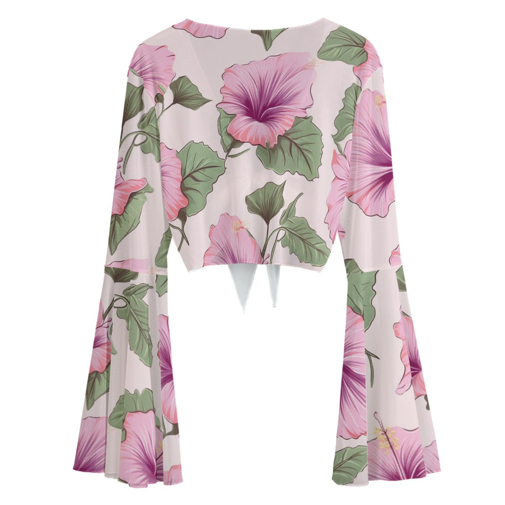 Kawaii Heaven Women's Hibiscus Print Lace-Up Bell Sleeve Mesh Crop Top Blouse