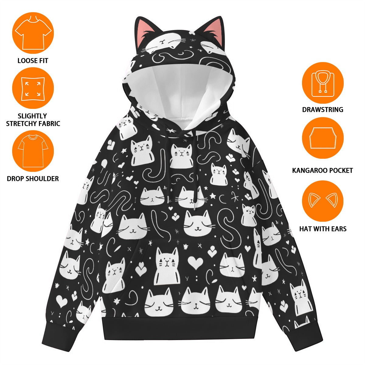 Kawaii Heaven Women's Midnight Meow Hoodie with Cat Ears - Black & White Transfer Print