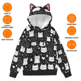 Kawaii Heaven Women's Midnight Meow Hoodie with Cat Ears - Black & White Transfer Print