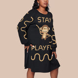 Playful Monkey Sweater Dress – Long Sleeve Casual Tunic with Fun Graphic - Plus Size