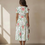 Elegant Rose Floral Midi Dress – Feminine V-Neck Summer Dress