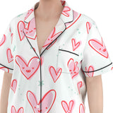 Kawaii Heaven Heart Print Women's Pajamas Set with Elastic Waist & Contrast Piping