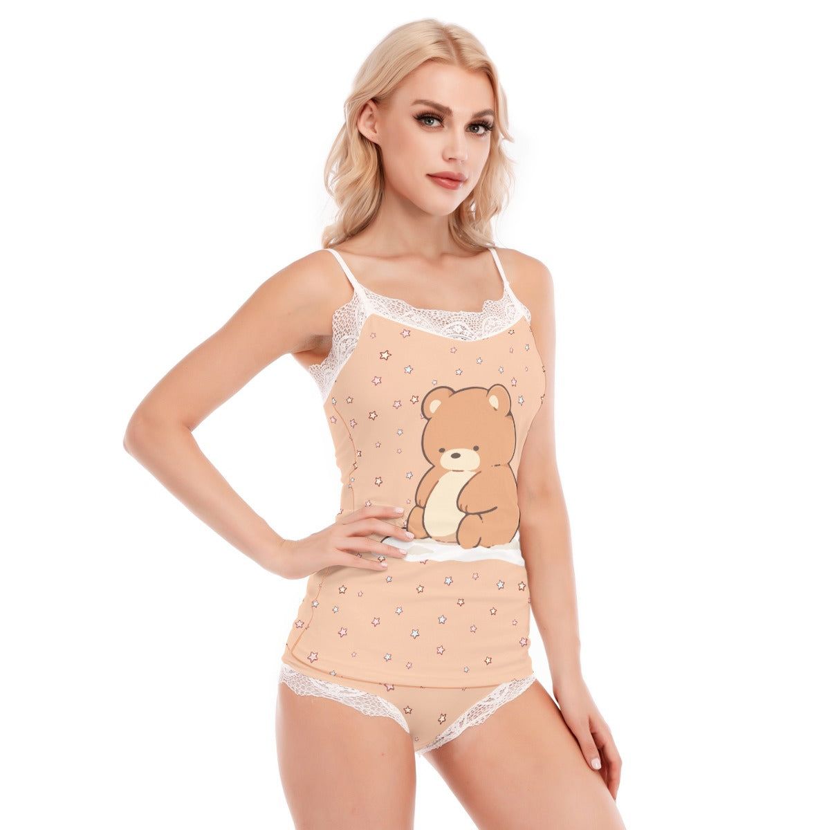 Kawaii Heaven Women's Bear Print Lace Trim Pajama Set - Cute Sleepwear with Cami Top & Shorts