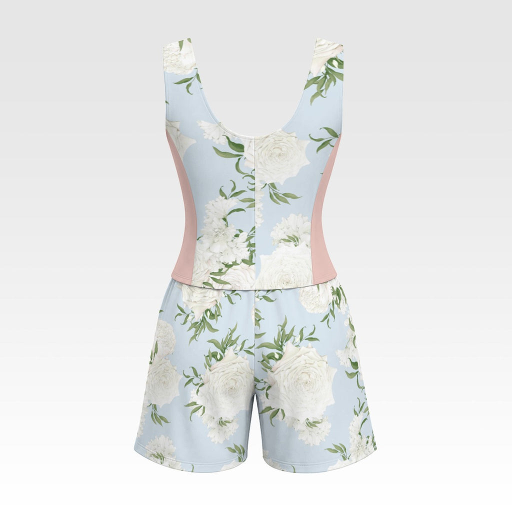 Blue Floral Corset Romper Set – Cottagecore Lace-Up Summer Outfit