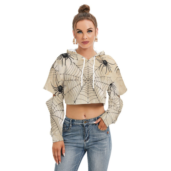 Women's Cropped Spider Hollow Sleeve Fleece Hoodie - Fashionable Halloween Top with Warm Lining