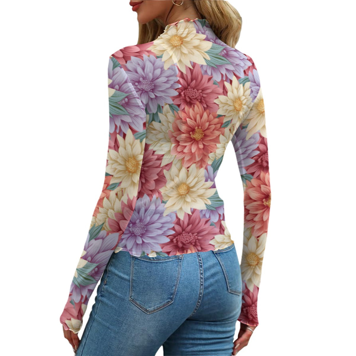 Floral Jesus Mesh Long Sleeve – Sheer Artistic Top with Spiritual Artwork