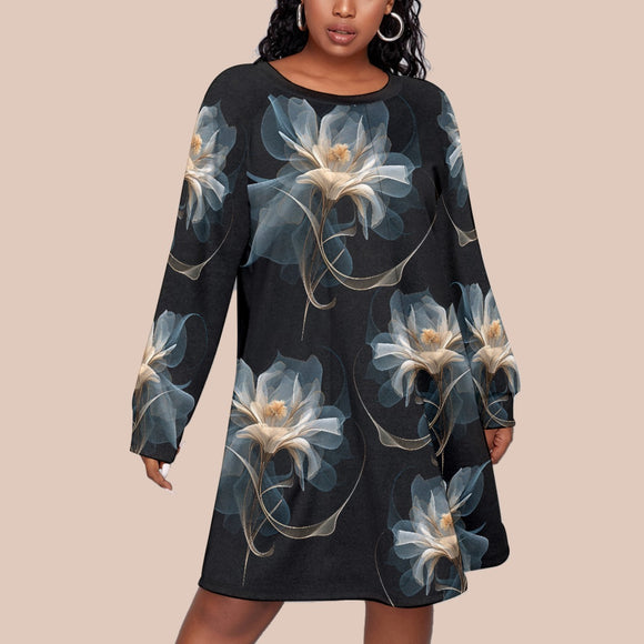 Kawaii Heaven Women's Plus Size Long Sleeve Floral Black Tunic Dress