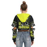 Women's Be Yourself Graphic Cropped Hoodie with Hollow Out Sleeve - Black and Neon Yellow Streetwear Pullover