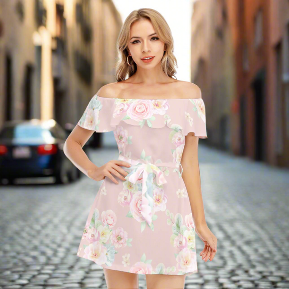 Women's Off-Shoulder Ruffle Dress with Lotus Lace - Kawaii Heaven Blush Garden Style