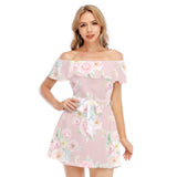 Women's Off-Shoulder Ruffle Dress with Lotus Lace - Kawaii Heaven Blush Garden Style
