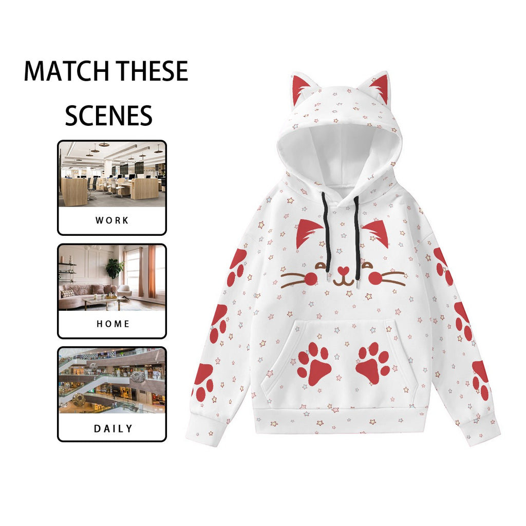 Kawaii Heaven Women's Cat Ear Hoodie with Red Paw Print Design