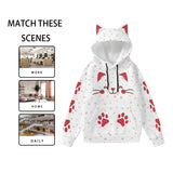 Kawaii Heaven Women's Cat Ear Hoodie with Red Paw Print Design