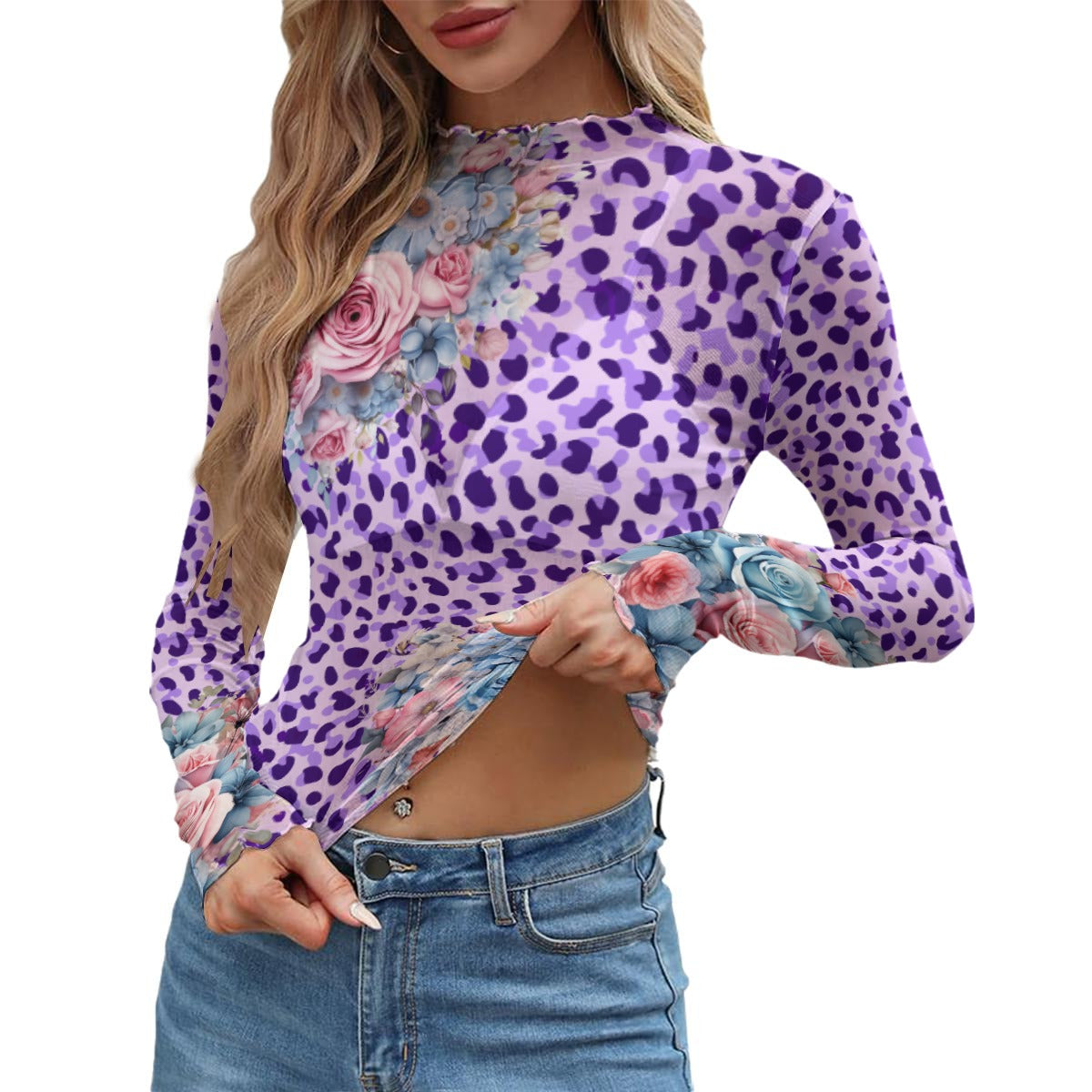 Purple Leopard Floral Mesh Long-Sleeve Top
