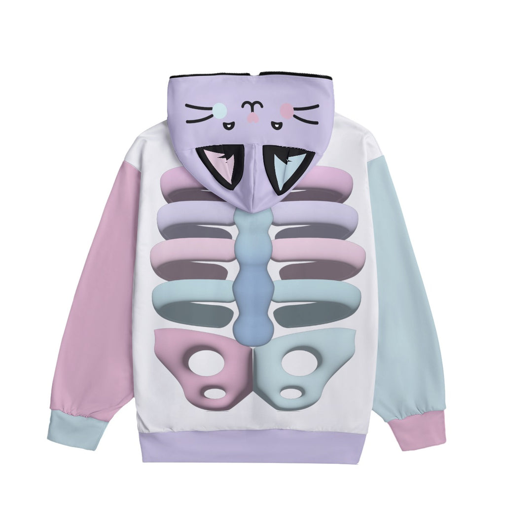 Kawaii Heaven Unisex Zip Up Hoodie with Cat Ears Pastel Skeleton Print