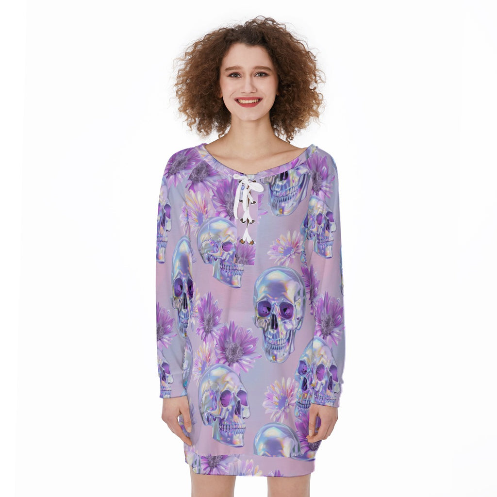 Pastel Skull Lace-Up Sweatshirt – Off-Shoulder Long Sleeve Top