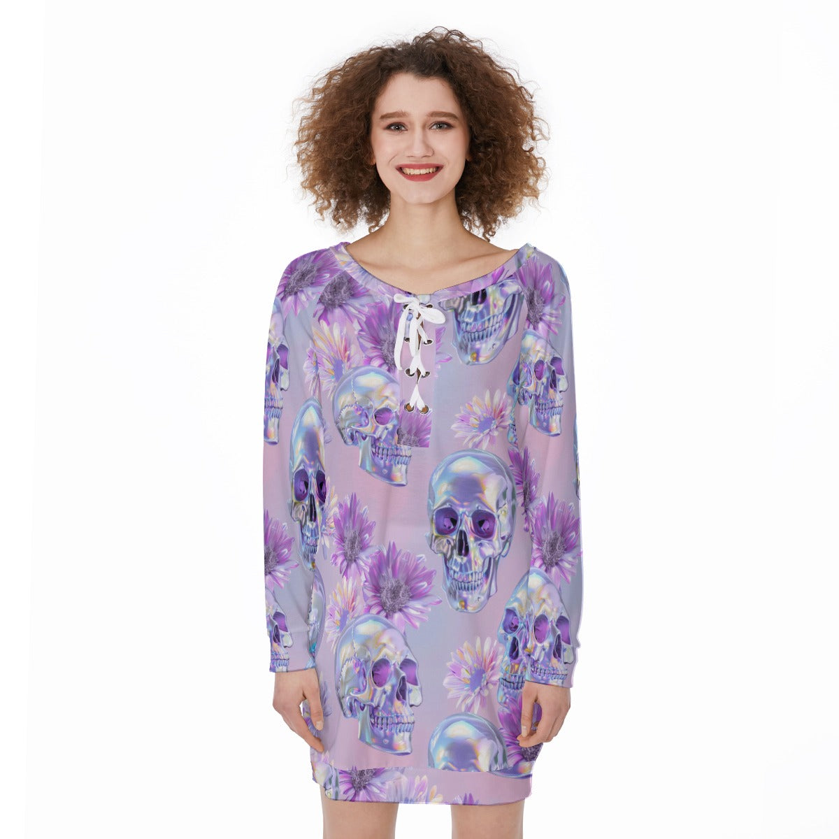 Pastel Skull Lace-Up Sweatshirt – Off-Shoulder Long Sleeve Top