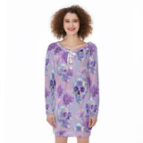 Pastel Skull Lace-Up Sweatshirt – Off-Shoulder Long Sleeve Top