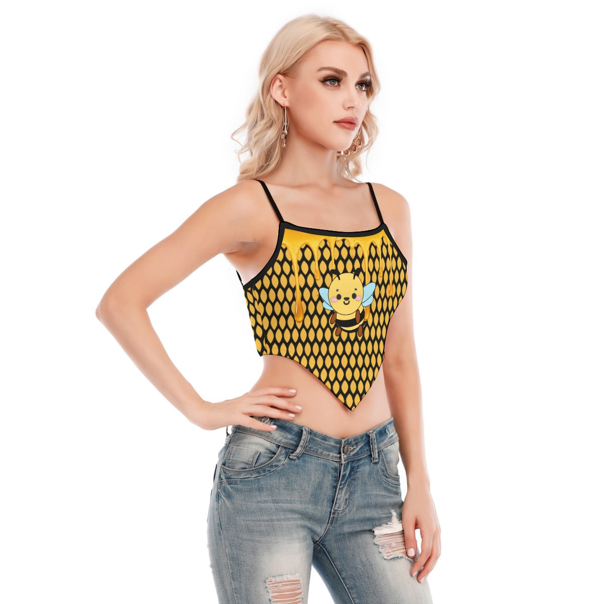 Bee Honeycomb Crop Cami Top - Kawaii Y2K Spaghetti Strap Tank for Women