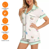 Kawaii Heaven Women's Mint Bear & Floral Print Short Sleeve Silk-like Pajama Set for Summer