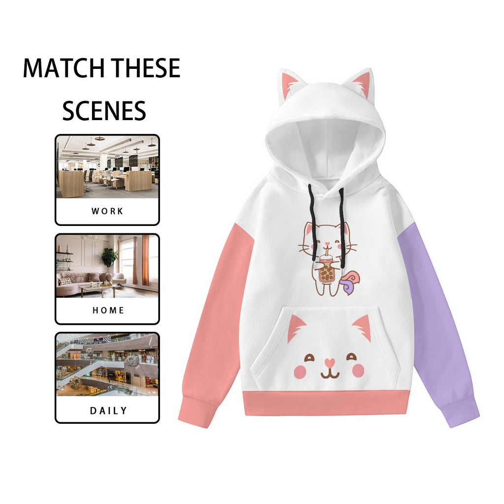 Cute Kawaii Boba Kitty Women's Hoodie with Decorative Cat Ears & Bubble Tea Vibes