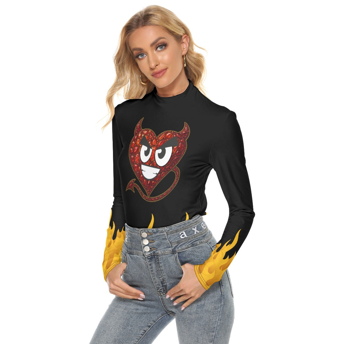 Devil Heart Flame Long Sleeve Top – Slim Fit Turtleneck