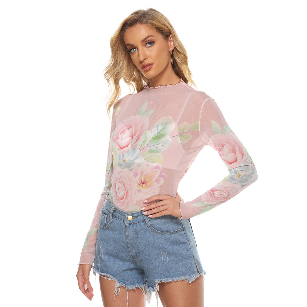Women's Sheer Floral Mesh T-Shirt | Lightweight Breathable Long Sleeve Blush Rose
