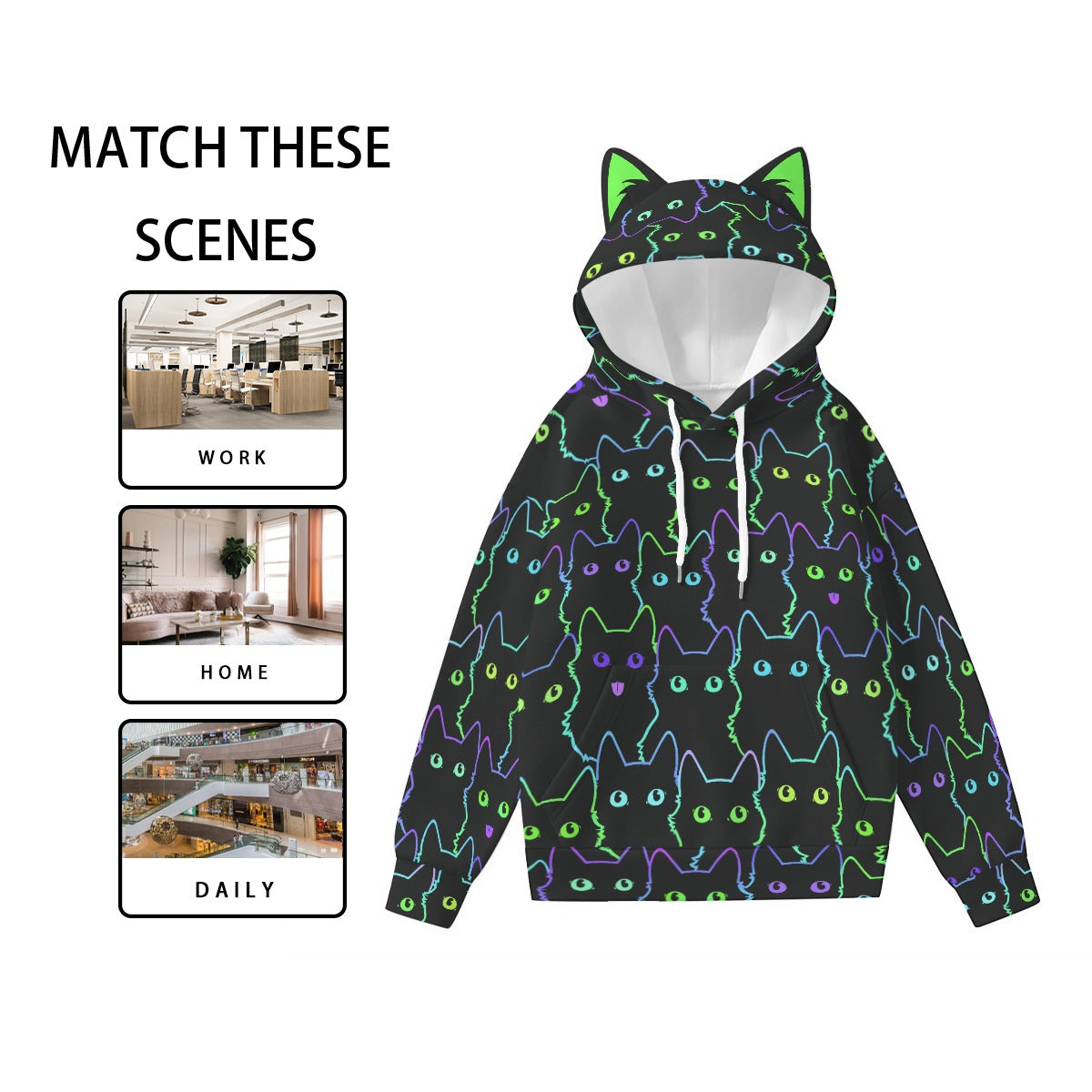 Neon Cat Print Hoodie for Women with Decorative Cat Ears - Black Scuba Pullover Sweatshirt