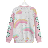 Kawaii Heaven Unisex Fleece Sweatshirt with Shamrock Rainbow Print - Loose Fit Hacci Fleece Crew Neck Sweater