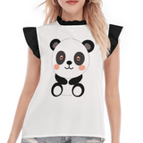 Kawaii Heaven Women's Panda Graphic Ruffle Sleeve Blouse with Lace Collar - White