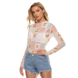 Women's Kawaii Animal Mesh Long Sleeve T-shirt, Breathable & Stylish