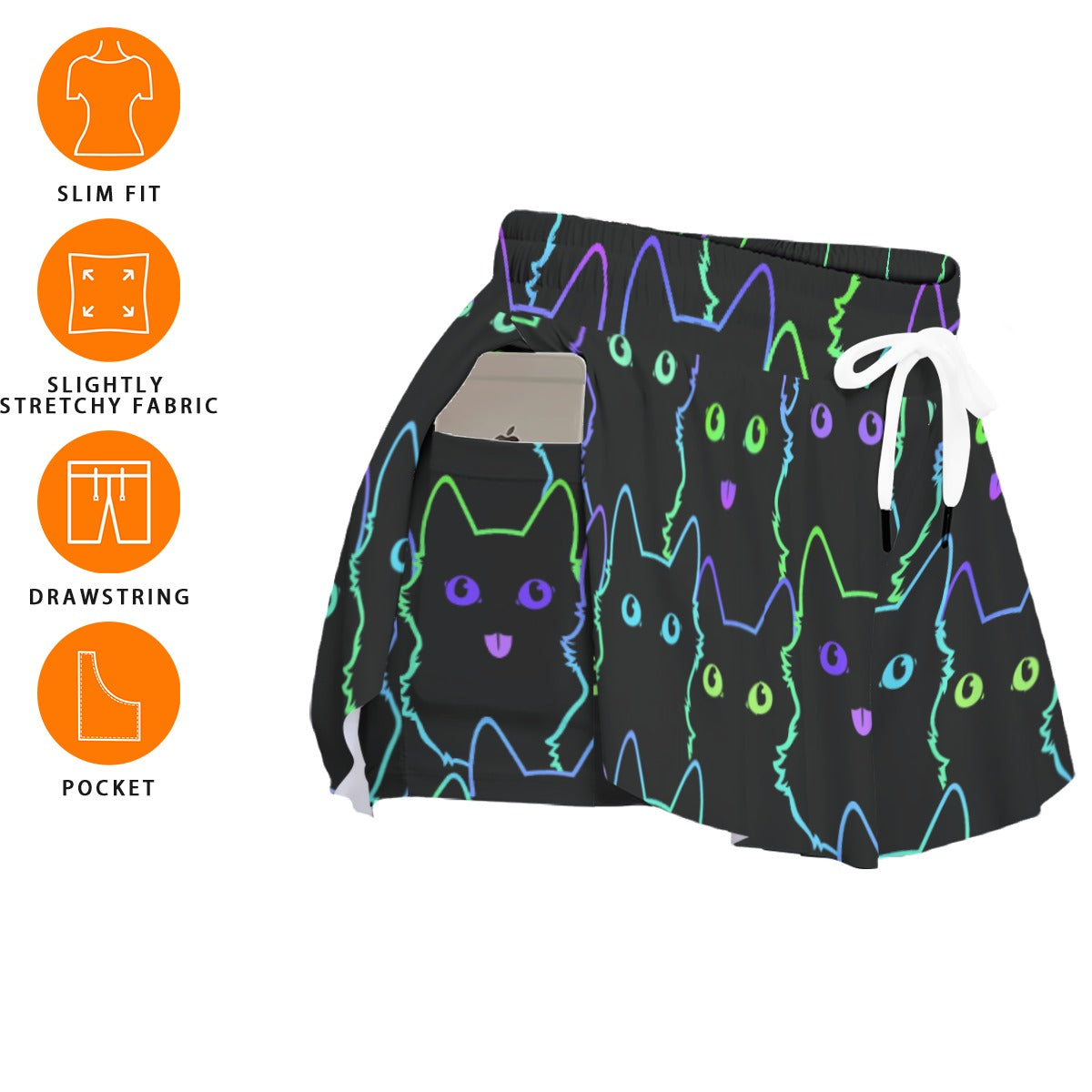 Neon Cat Print Skorts with Pockets - Kawaii Heaven Women's Sport Skirts