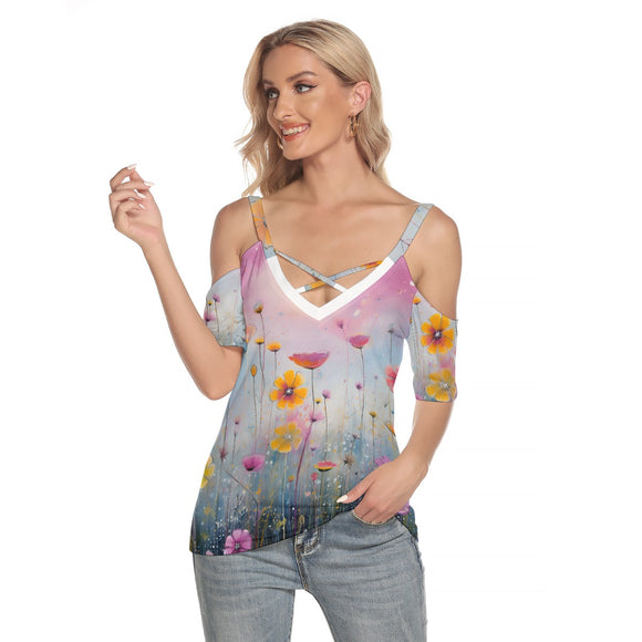 Kawaii Heaven Women's Floral Cold Shoulder Criss-Cross Tee - Summer Boho Top