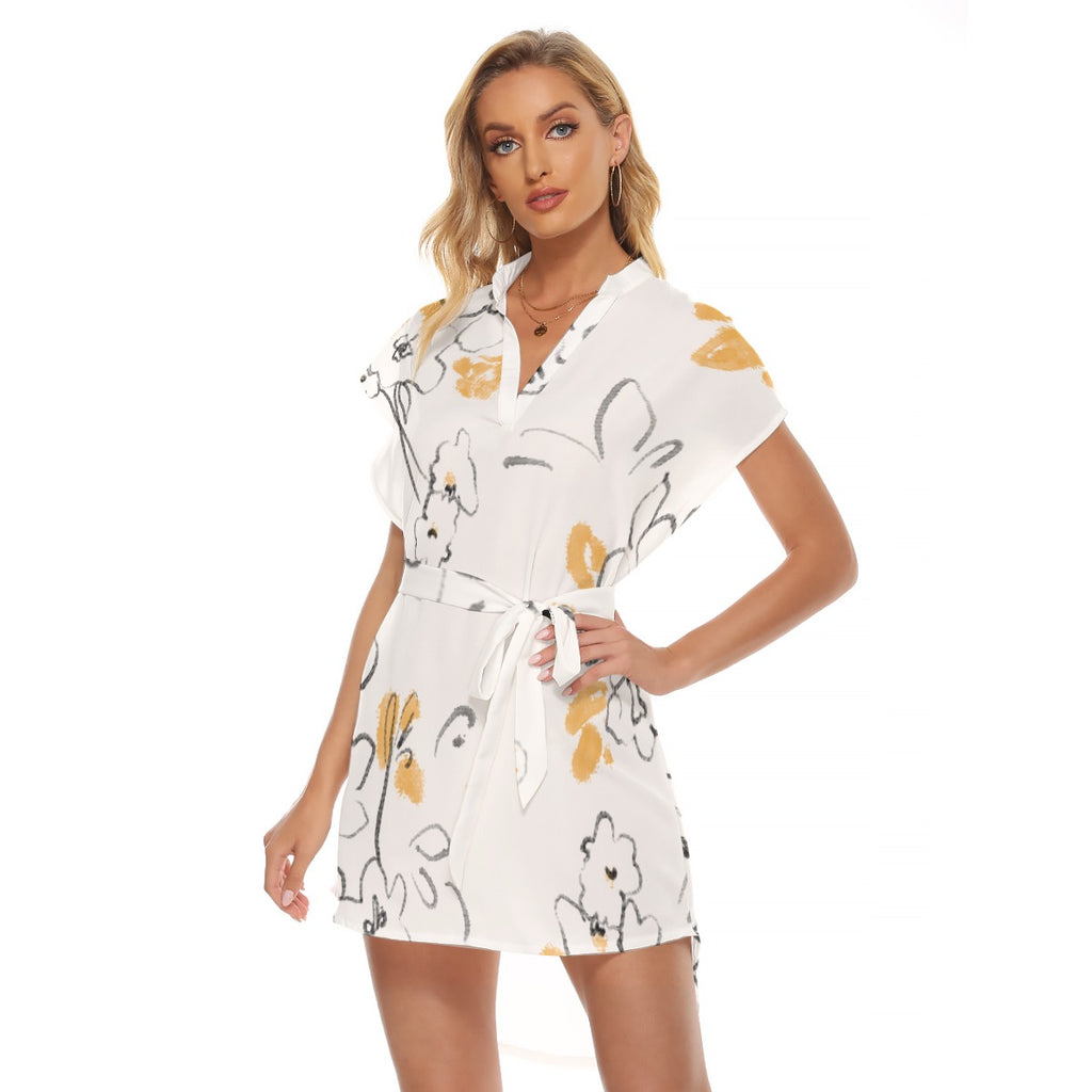 Sunlit Blossom Wrap Dress with Stand-up Collar for Women | Casual Style