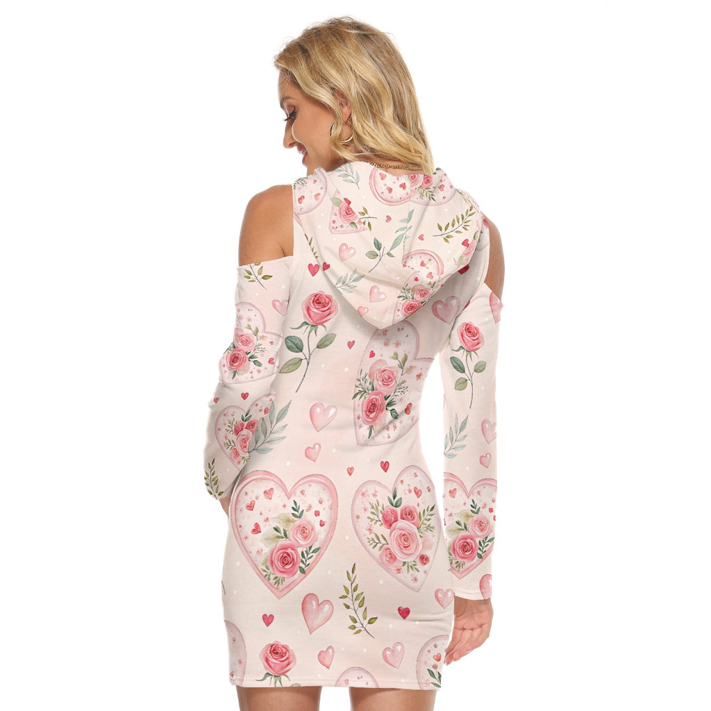 Rose Heart Hoodie Dress – Off Shoulder Floral Tunic with Pocket